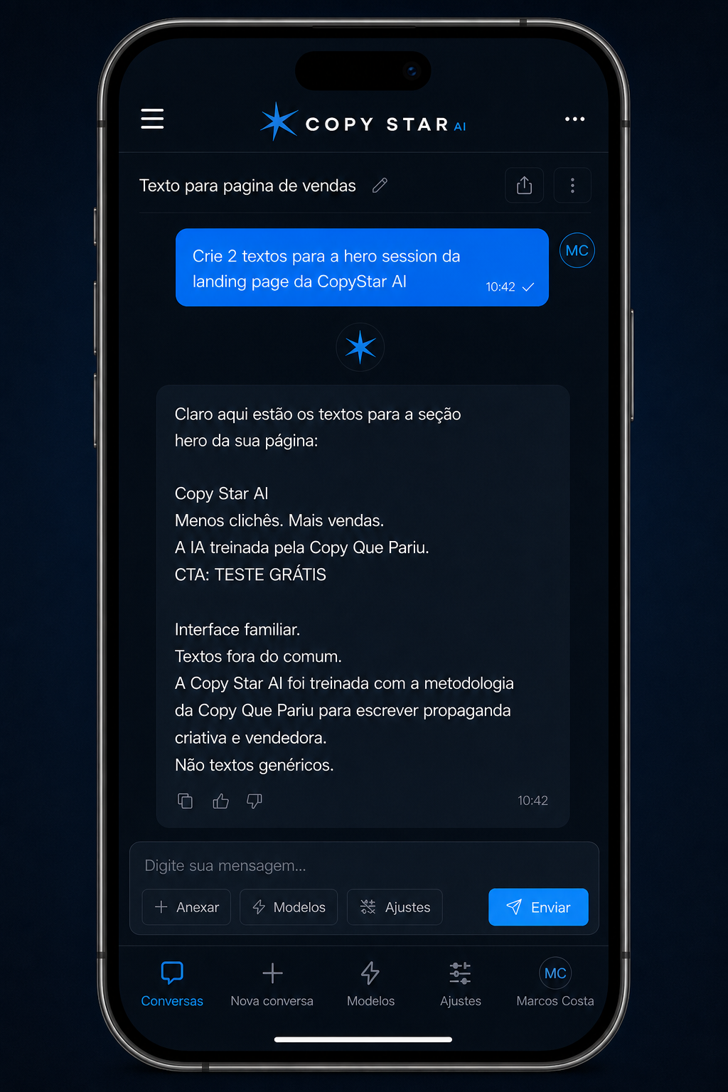 Interface mobile da Copy Star AI