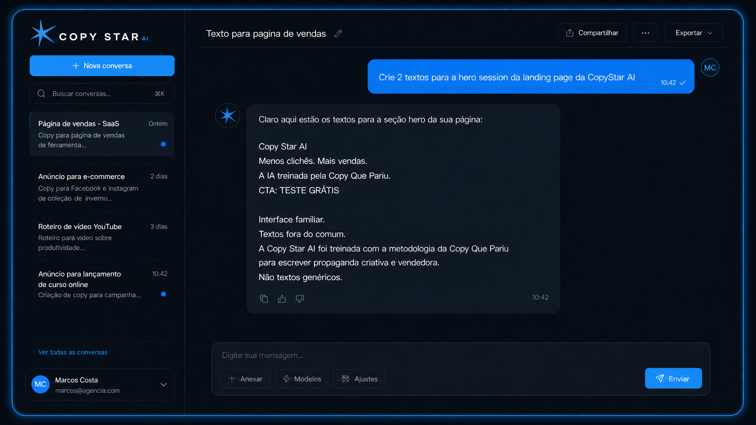 Interface da Copy Star AI gerando variações de anúncio
